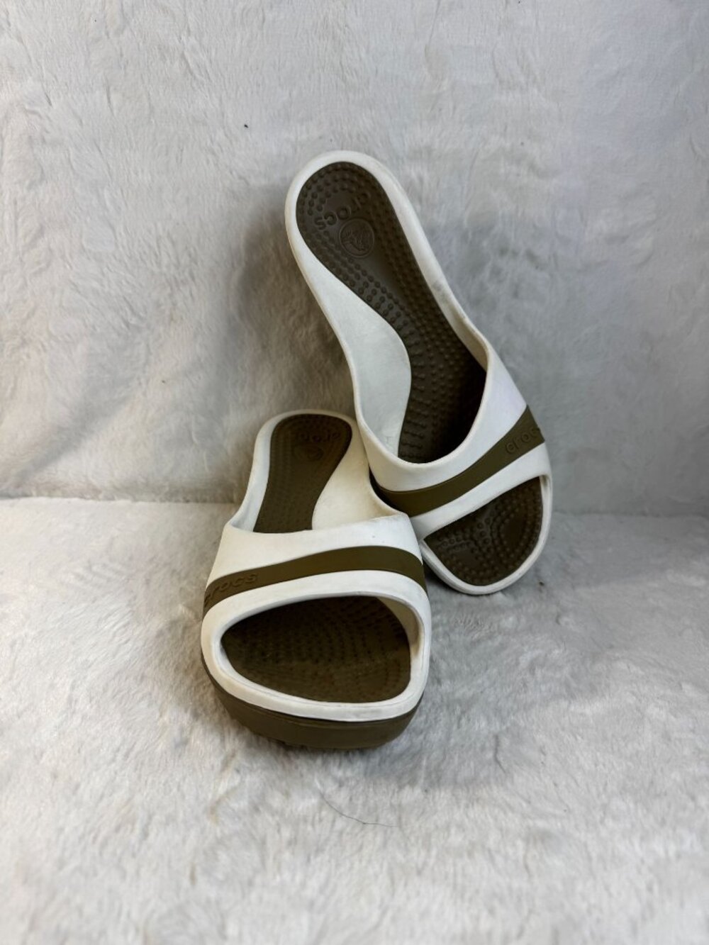 Crocs Platform Heel Wedge Shoes Sassari Womens Size 9 Open Toe Slide White Tan - Picture 2 of 7